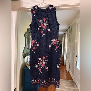DKNY Navy Lace Midi Dress with Pink and Cream Floral Embroidery